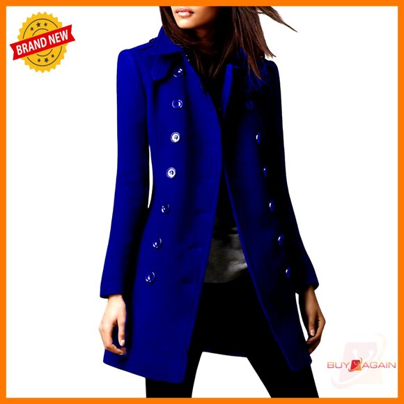 Double Breasted Wool Pea Coat Elegant Collared Trench Style Winter Coat